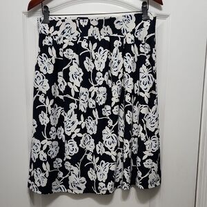 European Designer Floral A-Line Skirt in Navy and White L NWT
